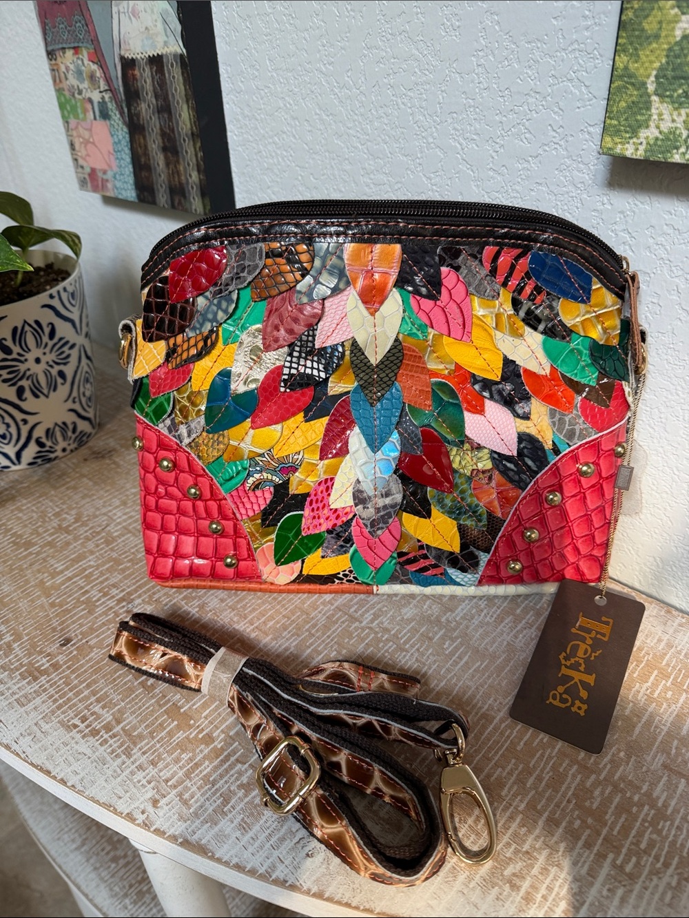 Treska Multicolor Leaf Patchwork Crossbody with Red Accents